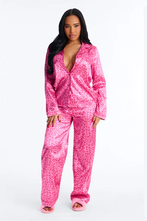 Bedtime Stretch Satin Long Sleeve PJ Pant Set - Hot Pink