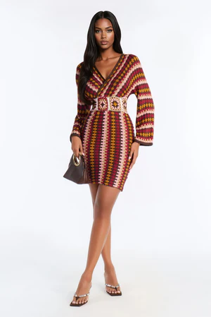 Under The Sun Long Sleeve Sweater Mini Dress - Burgundy/combo